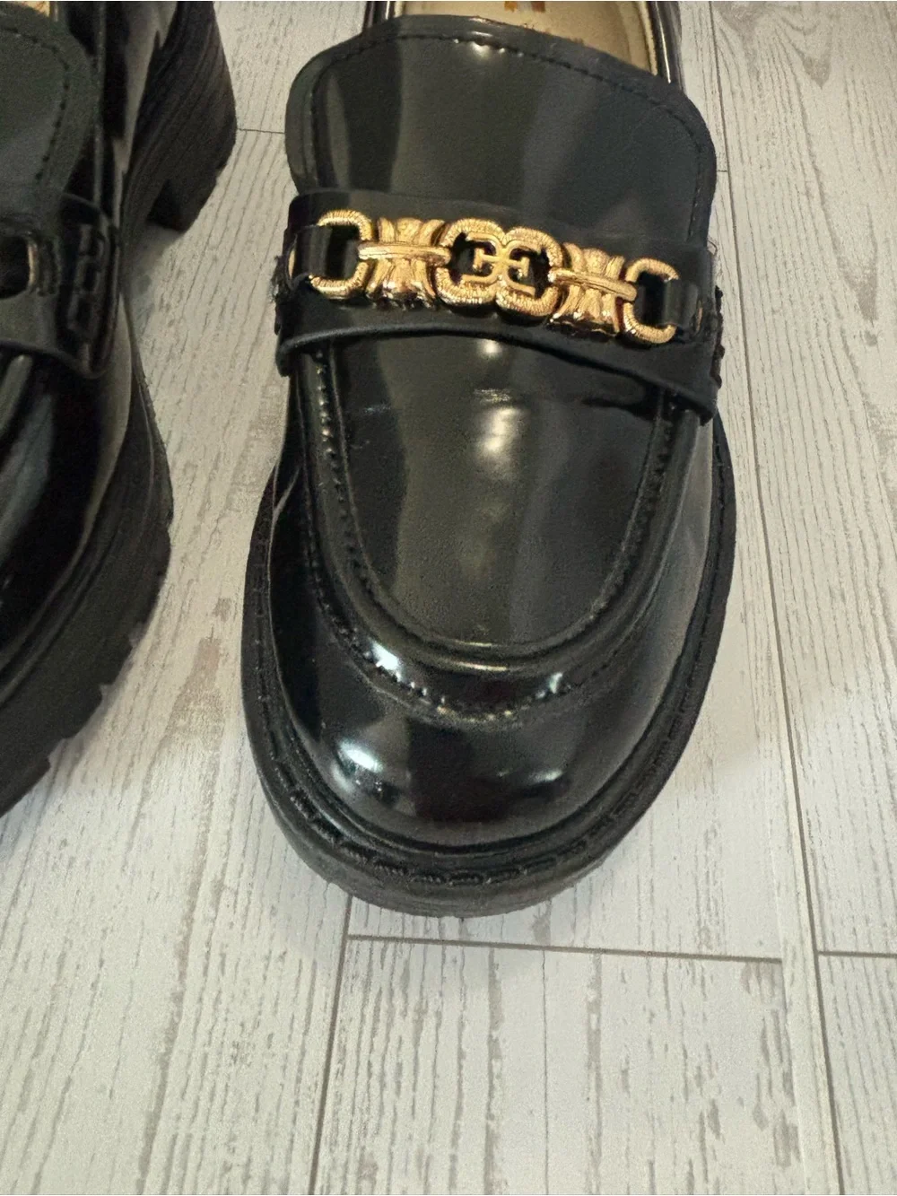 Sam Edelman Black Patent Loafers with Gold Hardware - Kids